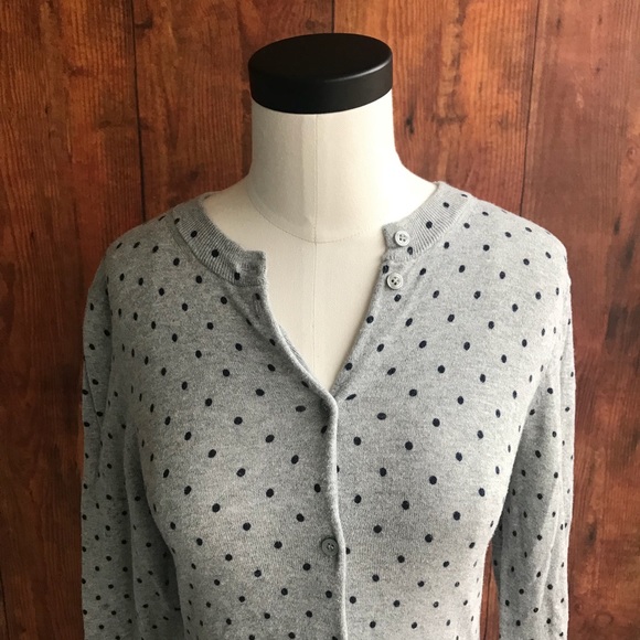 J Crew Gray The Caryn Cardigan w/ Blue Polka Dots - Picture 2 of 8